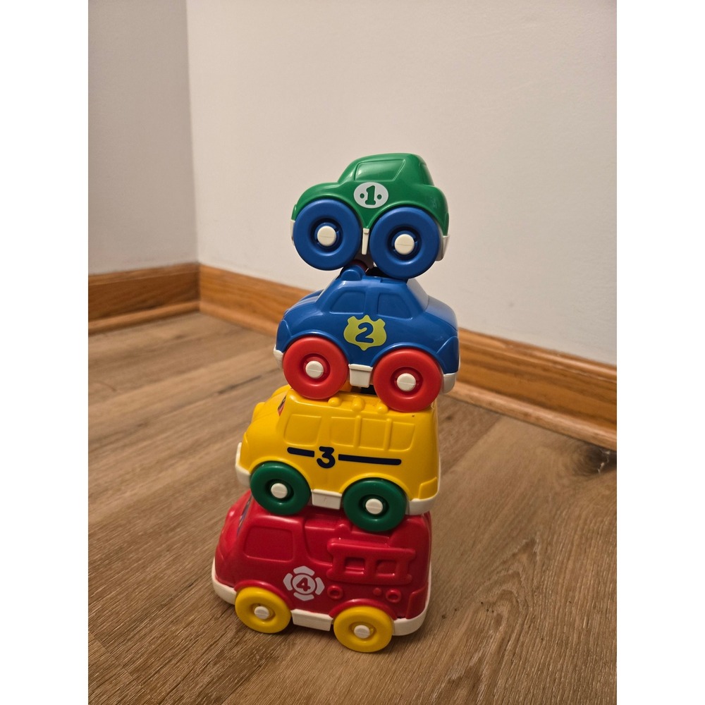 Fisher-Price Stack and Nest Vehicles Toy Cars Set of 4 Fire Truck Bus Police Car